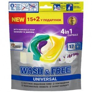 Капсулы для стирки Wash&Free Жасмин и лаванда с марсельским мылом 15+2 шт.