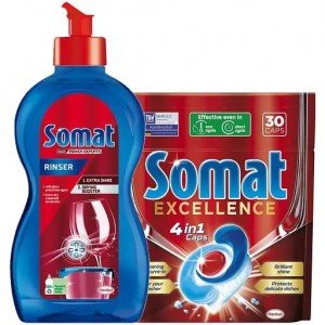 Набор Somat для посудомоечных машин: Ополаскиватель Somat Тройное действие, 500 мл + Таблетки для мытья посуды Somat Exellence, 30 таблеток