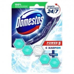Туалетный блок для унитаза Domestos Power 5 с хлором Кристальная чистота 55 г