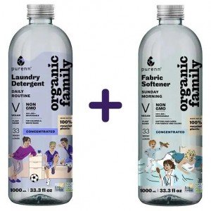 Набор: Средство-концентрат жидкое Purenn Organic Family Daily Routine Малина для стирки цветных и белых тканей 1 л + Смягчитель-ополаскиватель для тканей Purenn Organic Family Sunday Morning Алоэ 1 л
