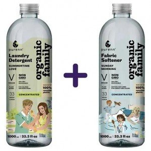 Набор: Средство-концентрат жидкое Purenn Organic Family Summertime Love Календула для стирки цветных и темных тканей 1 л + Смягчитель-ополаскиватель для тканей Purenn Organic Family Sunday Morning Алоэ 1 л